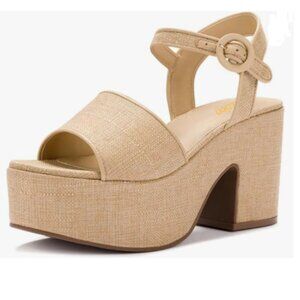 Pazzion Khaki Chunky High Heel Platform Sandals Open Toe Ankle Strap Buckle Shoe